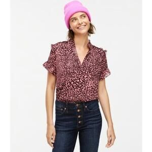 J.Crew Leopard Print Blouse Pink Brown Short Sleeve Ruffle V-neck Lined NWT 3X